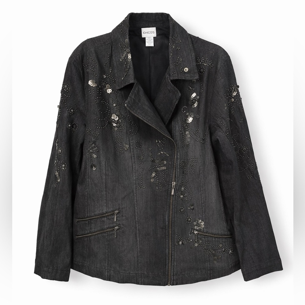 Chico's Black Embellished Denim Moto-Style Jacket